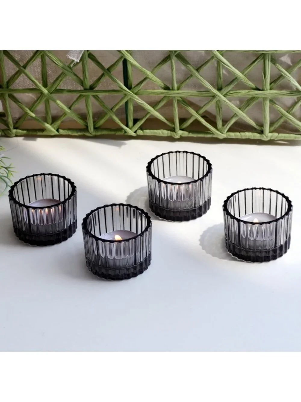 24pcs Smoky Grey Ribbed Tealight Candle Holders - Elegant Votive Decor